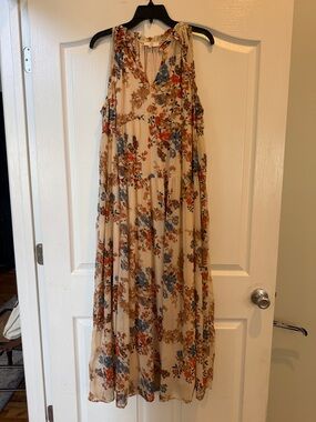 entro Cream Floral Tiered Maxi Dress with Blue and Rust Blooms